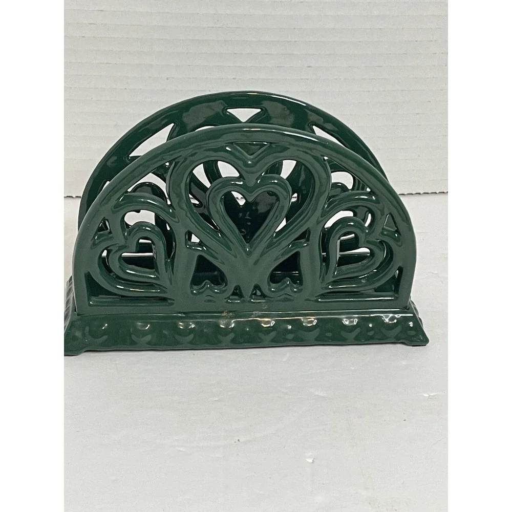 Vintage Green Ornate Heavy Metal Wrought Iron Napkin Holder/Letter Holder Hearts